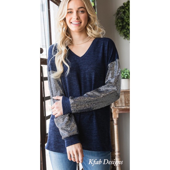 ❤️LAST! V Neck Midnight Blue Super Soft Sequin Sleeve Top! - Picture 14 of 16
